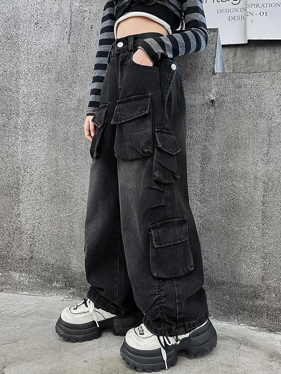Rolanko Girls Cargo Pants Baggy Y2K Cargo Trousers Jeans Wide Leg Pants with Multi Pockets 4-15 Years