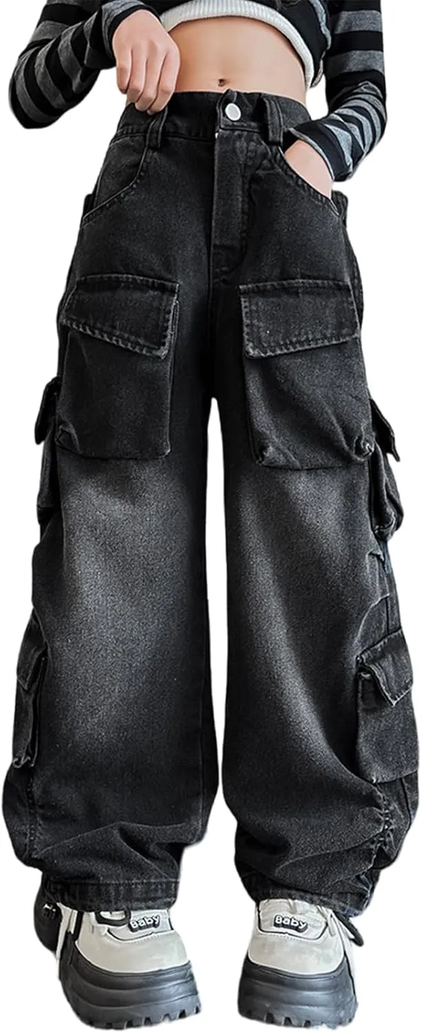 Rolanko Girls Cargo Pants Baggy Y2K Cargo Trousers Jeans Wide Leg Pants with Multi Pockets 4-15 Years