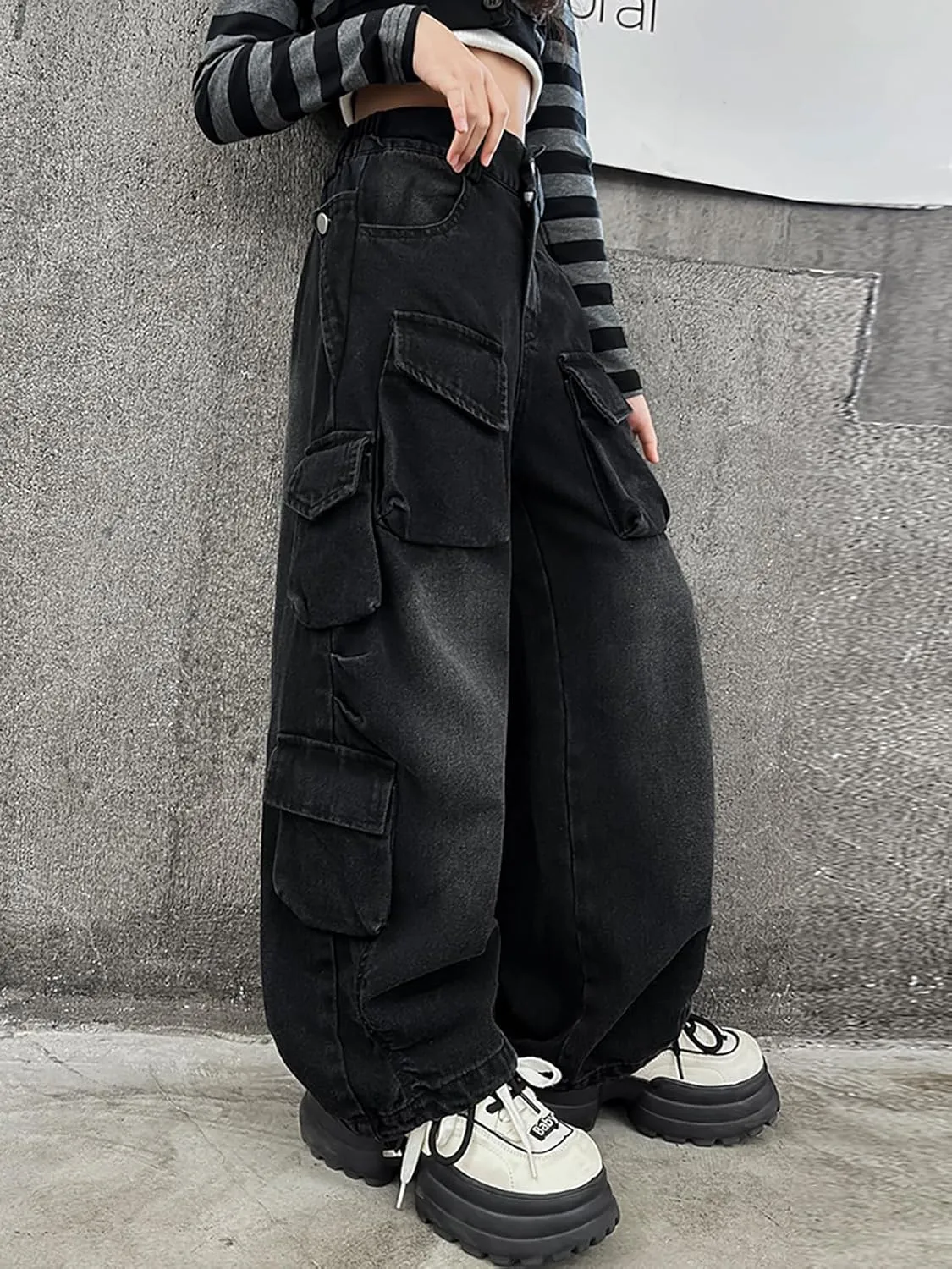 Rolanko Girls Cargo Pants Baggy Y2K Cargo Trousers Jeans Wide Leg Pants with Multi Pockets 4-15 Years