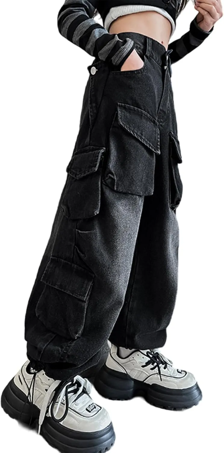 Rolanko Girls Cargo Pants Baggy Y2K Cargo Trousers Jeans Wide Leg Pants with Multi Pockets 4-15 Years