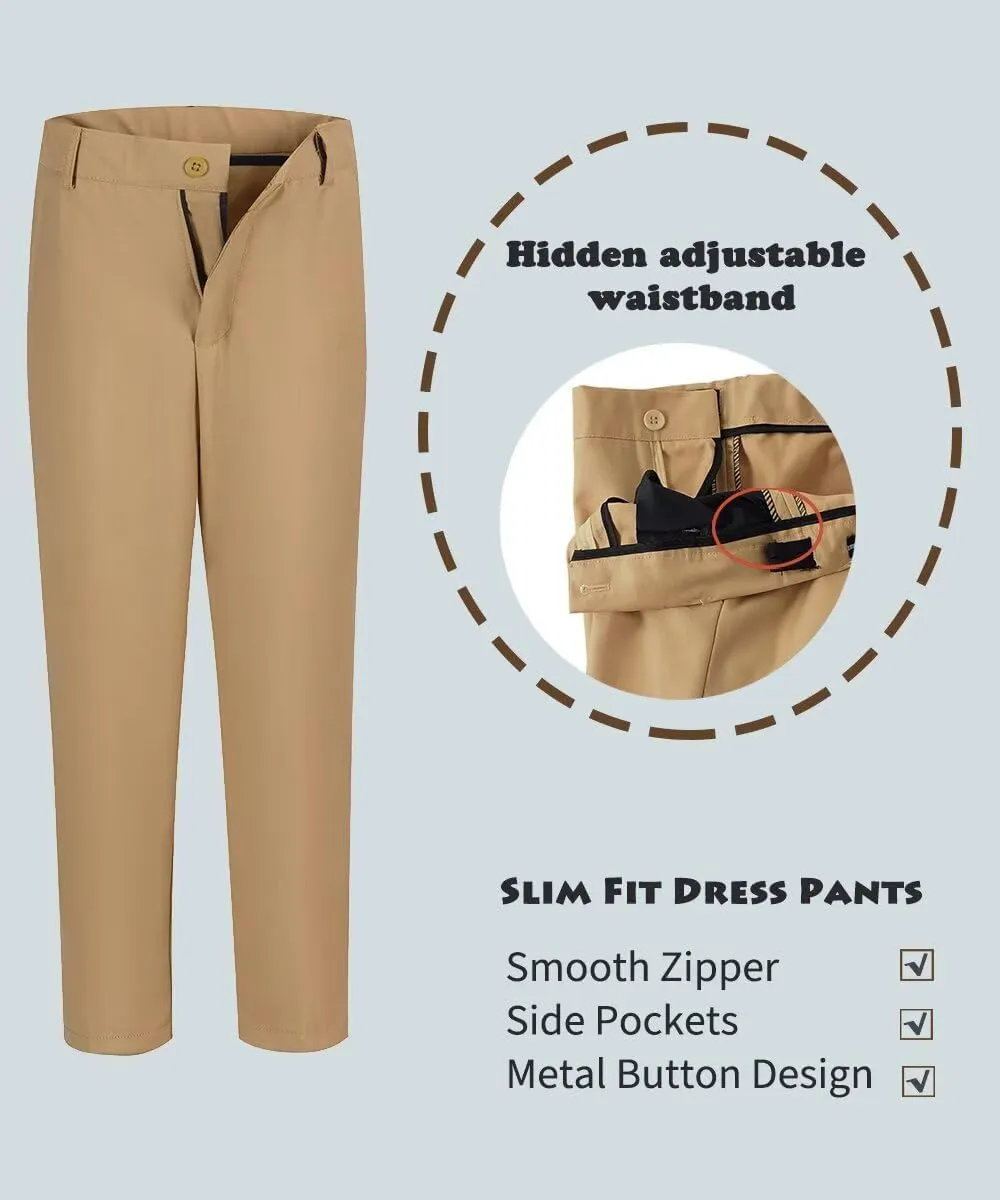 ROZU Boys Dress Pants Flat Front School Uniform Pants for Boys Toddler Kids Formal Belt Loops Boys Suit Pants 2T-20