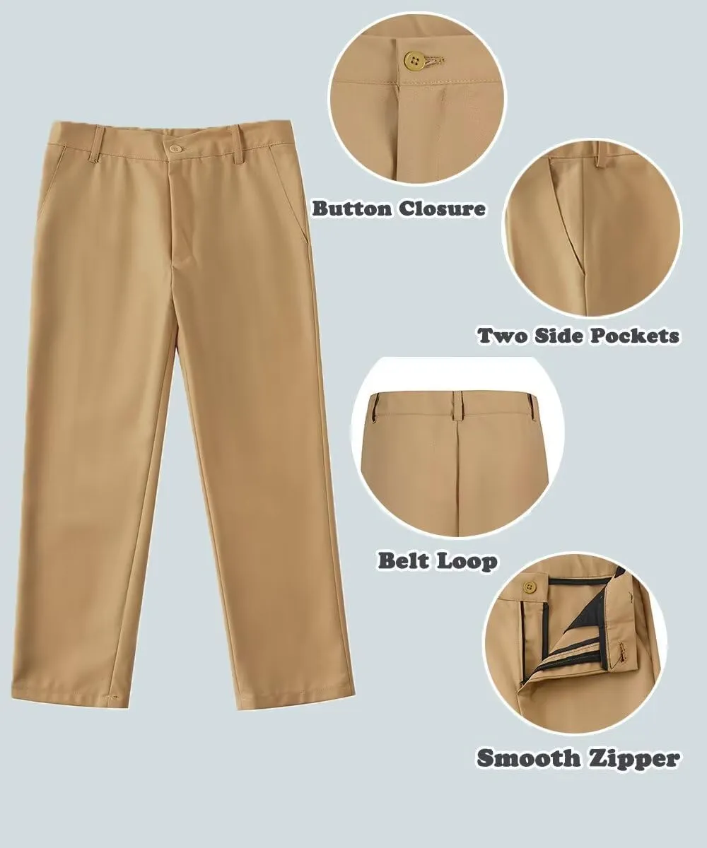 ROZU Boys Dress Pants Flat Front School Uniform Pants for Boys Toddler Kids Formal Belt Loops Boys Suit Pants 2T-20