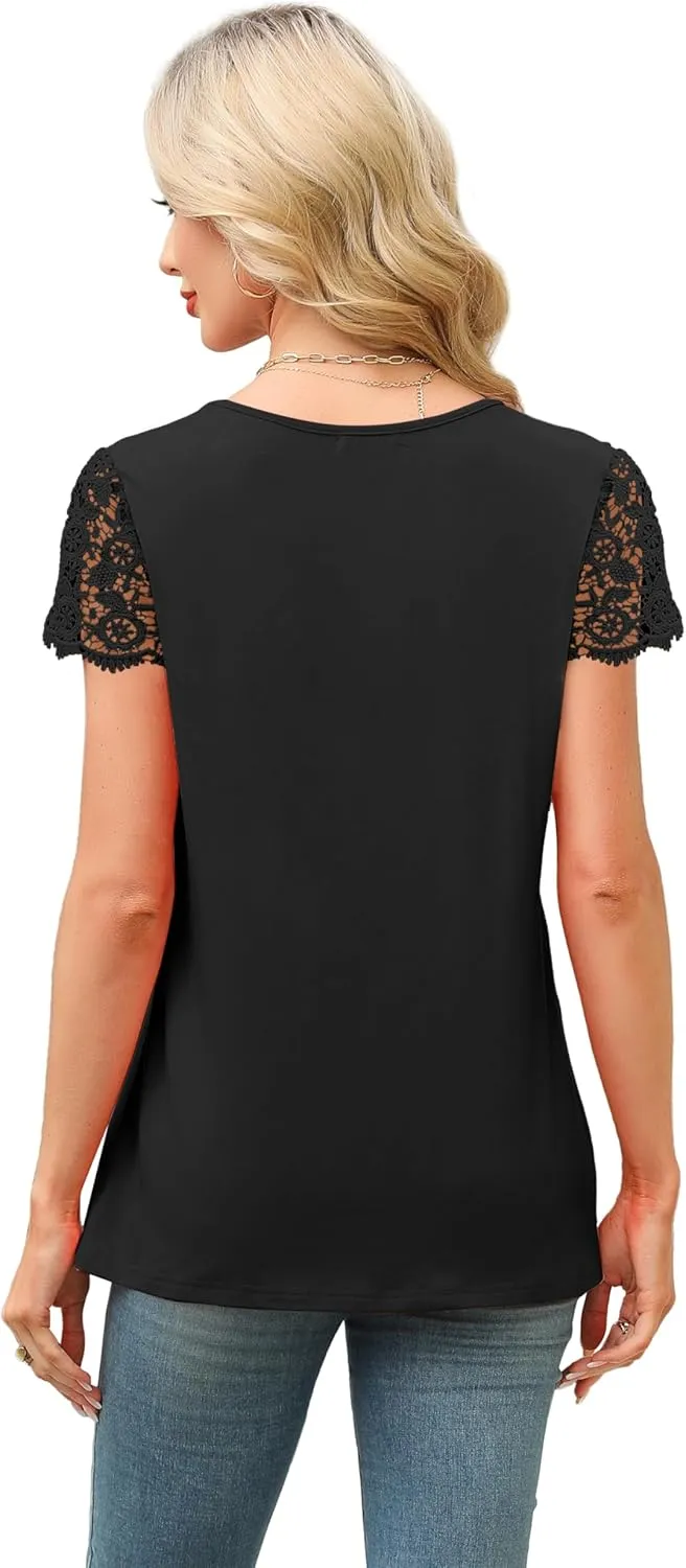 SAMPEEL Womens Tshirts Trendy Fashion Tops Lace Short Sleeve Business Tee Shirts Casual Knitted Blouses Summer Outfits 2025