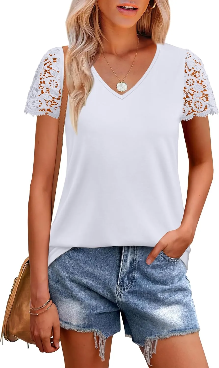 SAMPEEL Womens Tshirts Trendy Fashion Tops Lace Short Sleeve Business Tee Shirts Casual Knitted Blouses Summer Outfits 2025