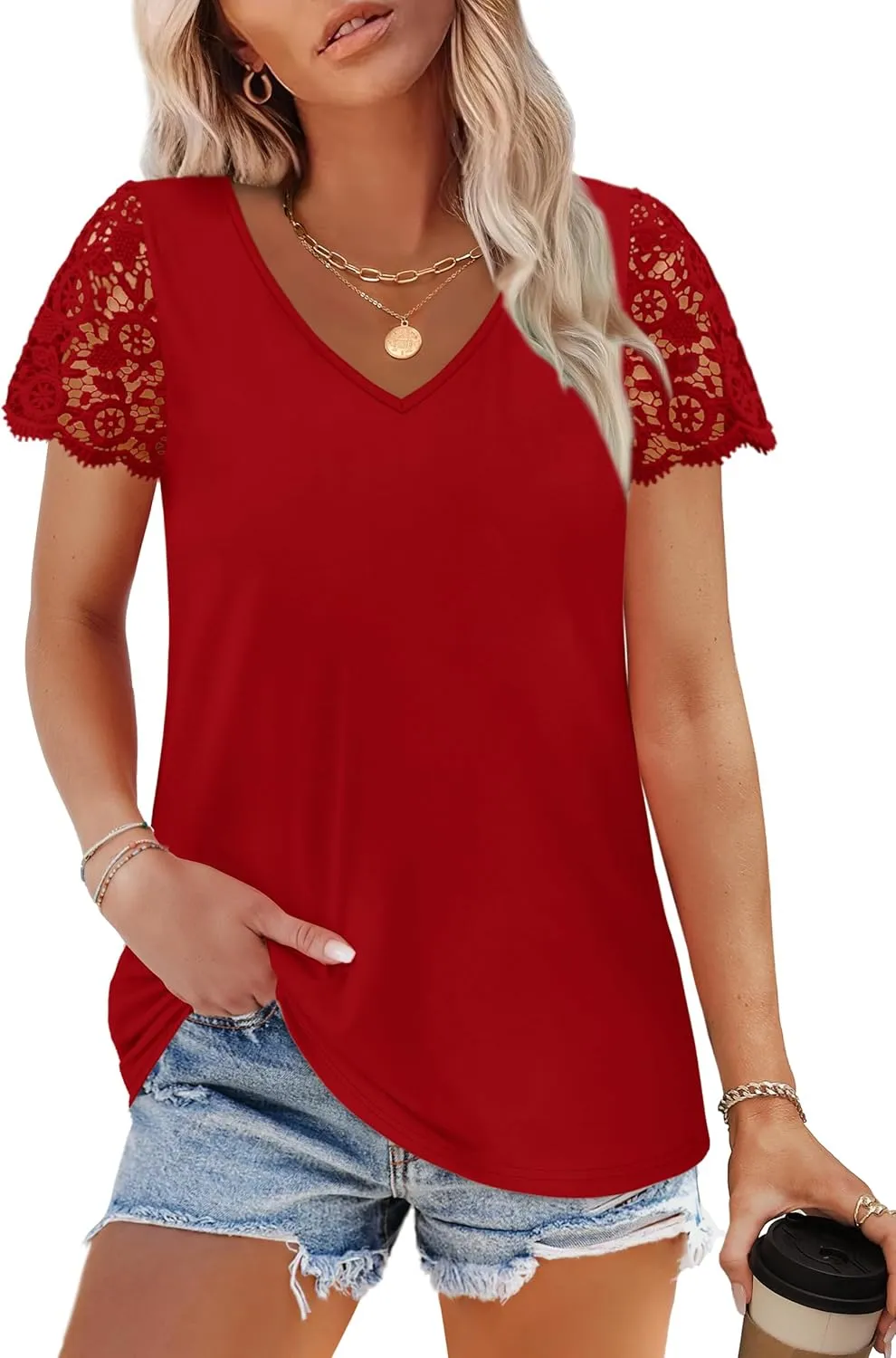 SAMPEEL Womens Tshirts Trendy Fashion Tops Lace Short Sleeve Business Tee Shirts Casual Knitted Blouses Summer Outfits 2025