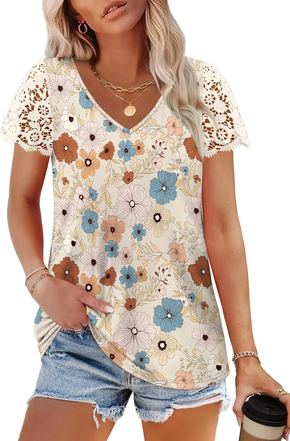 SAMPEEL Womens Tshirts Trendy Fashion Tops Lace Short Sleeve Business Tee Shirts Casual Knitted Blouses Summer Outfits 2025