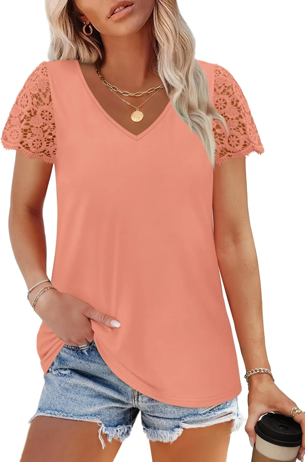 SAMPEEL Womens Tshirts Trendy Fashion Tops Lace Short Sleeve Business Tee Shirts Casual Knitted Blouses Summer Outfits 2025