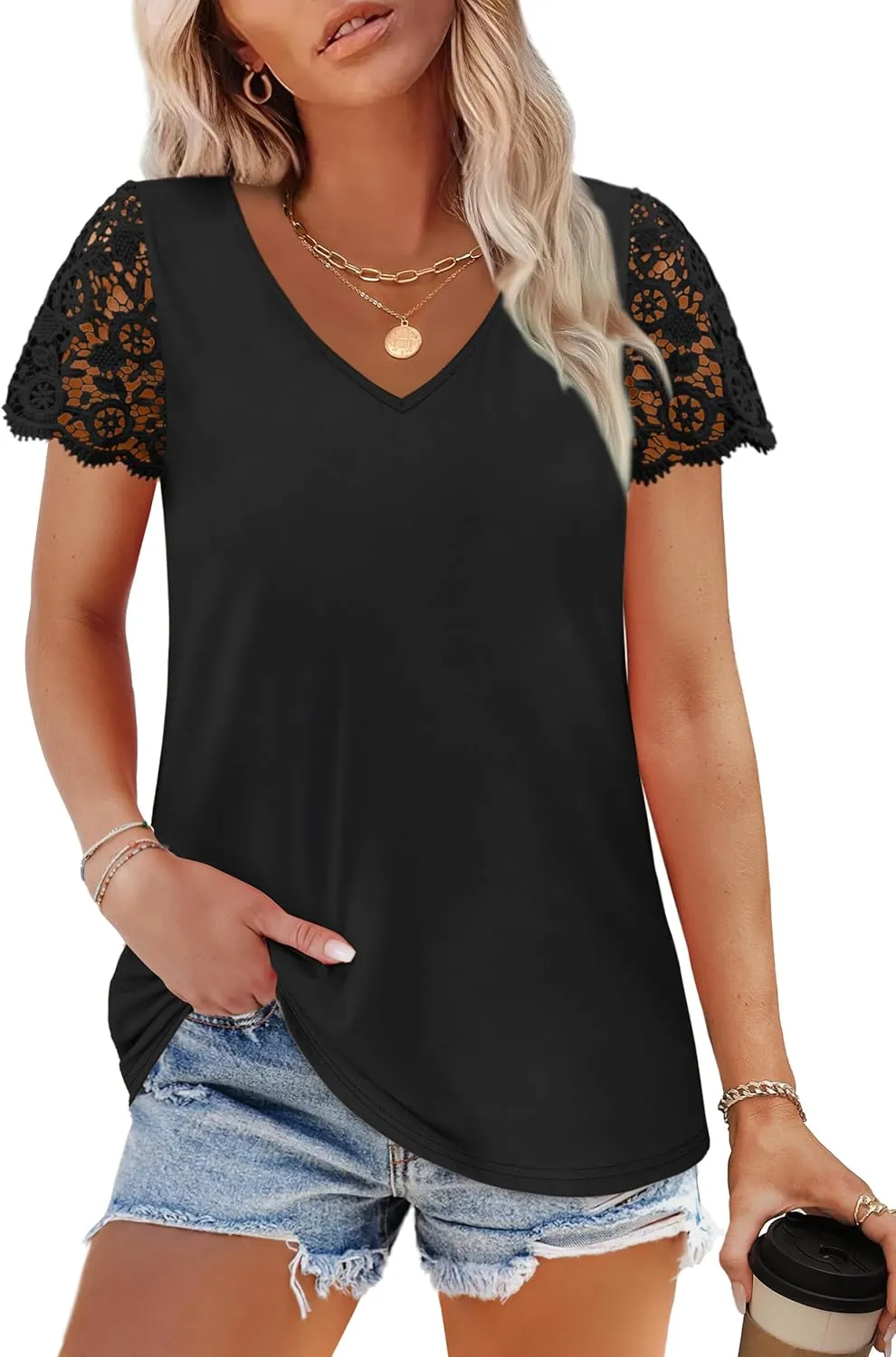 SAMPEEL Womens Tshirts Trendy Fashion Tops Lace Short Sleeve Business Tee Shirts Casual Knitted Blouses Summer Outfits 2025