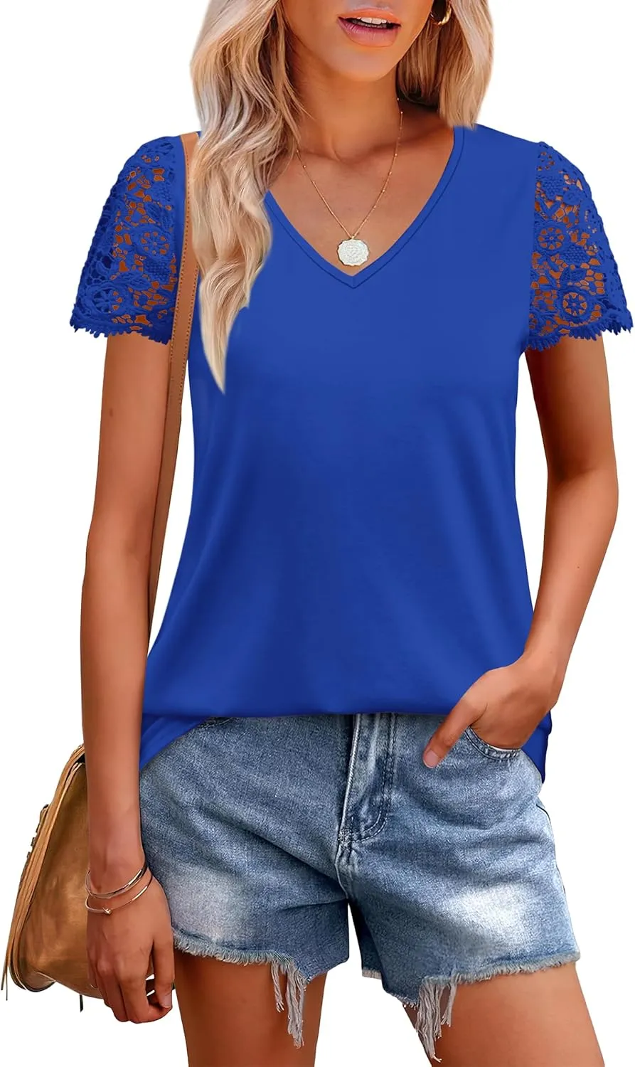 SAMPEEL Womens Tshirts Trendy Fashion Tops Lace Short Sleeve Business Tee Shirts Casual Knitted Blouses Summer Outfits 2025
