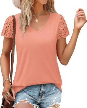 SAMPEEL Womens Tshirts Trendy Fashion Tops Lace Short Sleeve Business Tee Shirts Casual Knitted Blouses Summer Outfits 2025