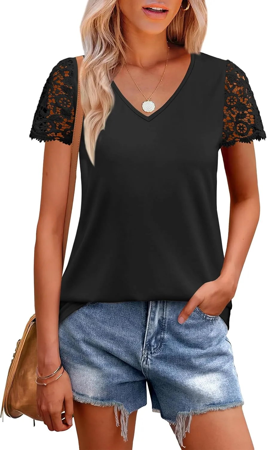 SAMPEEL Womens Tshirts Trendy Fashion Tops Lace Short Sleeve Business Tee Shirts Casual Knitted Blouses Summer Outfits 2025