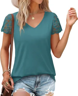 SAMPEEL Womens Tshirts Trendy Fashion Tops Lace Short Sleeve Business Tee Shirts Casual Knitted Blouses Summer Outfits 2025