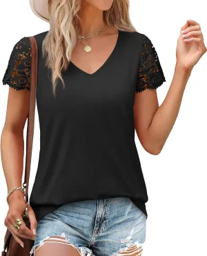 SAMPEEL Womens Tshirts Trendy Fashion Tops Lace Short Sleeve Business Tee Shirts Casual Knitted Blouses Summer Outfits 2025