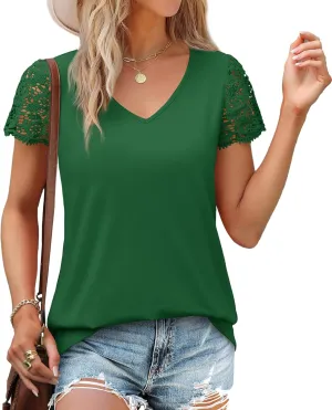 SAMPEEL Womens Tshirts Trendy Fashion Tops Lace Short Sleeve Business Tee Shirts Casual Knitted Blouses Summer Outfits 2025