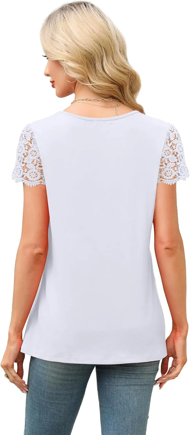 SAMPEEL Womens Tshirts Trendy Fashion Tops Lace Short Sleeve Business Tee Shirts Casual Knitted Blouses Summer Outfits 2025