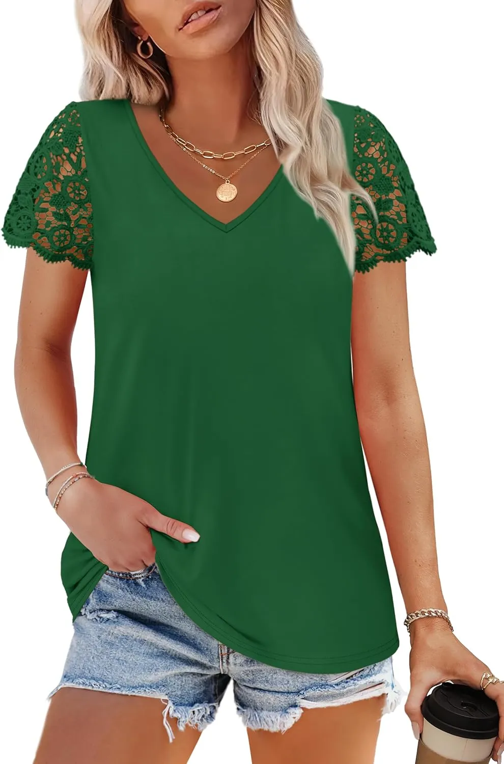 SAMPEEL Womens Tshirts Trendy Fashion Tops Lace Short Sleeve Business Tee Shirts Casual Knitted Blouses Summer Outfits 2025