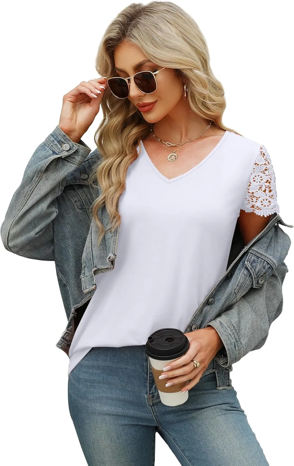 SAMPEEL Womens Tshirts Trendy Fashion Tops Lace Short Sleeve Business Tee Shirts Casual Knitted Blouses Summer Outfits 2025