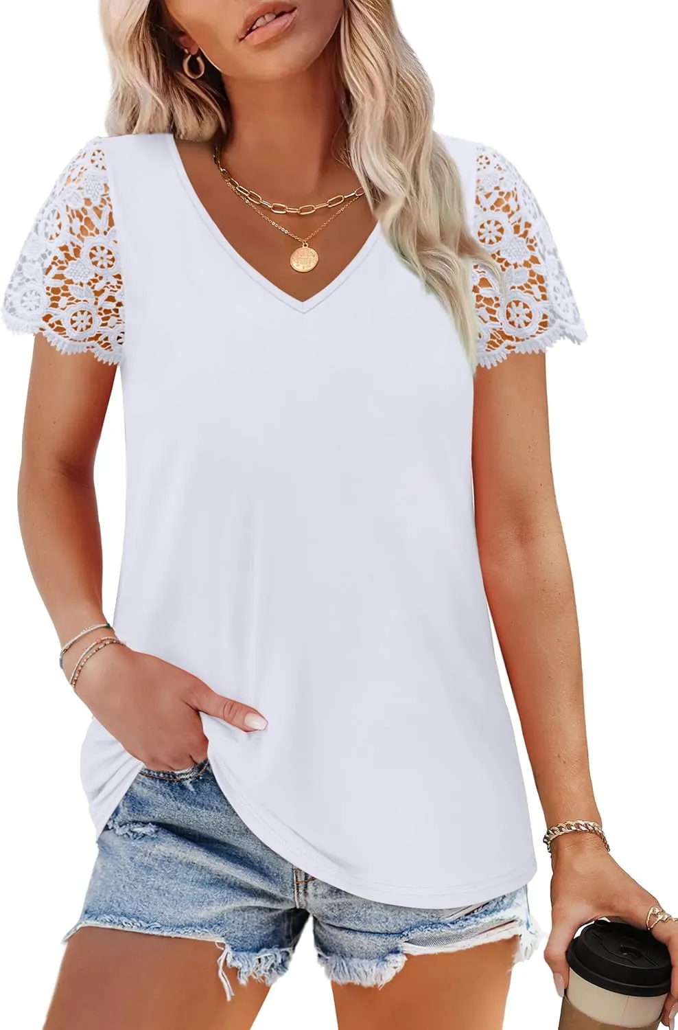 SAMPEEL Womens Tshirts Trendy Fashion Tops Lace Short Sleeve Business Tee Shirts Casual Knitted Blouses Summer Outfits 2025