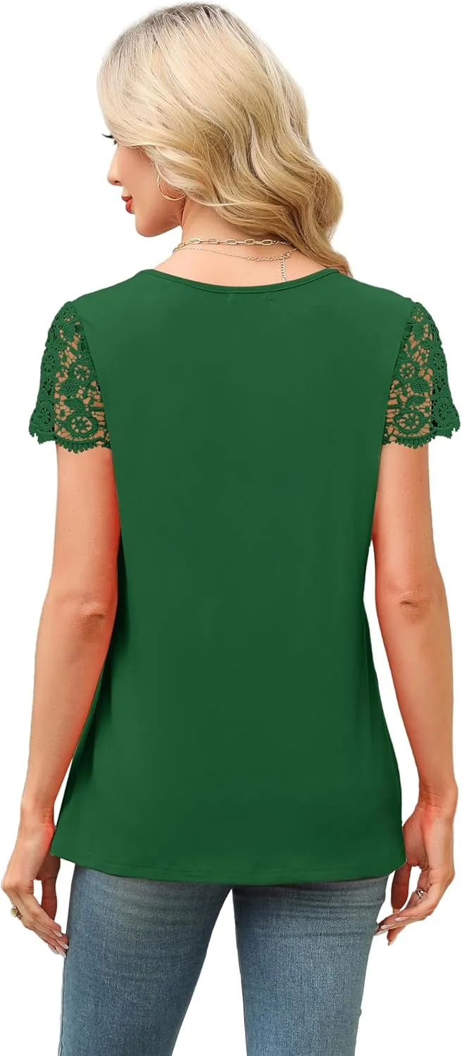 SAMPEEL Womens Tshirts Trendy Fashion Tops Lace Short Sleeve Business Tee Shirts Casual Knitted Blouses Summer Outfits 2025