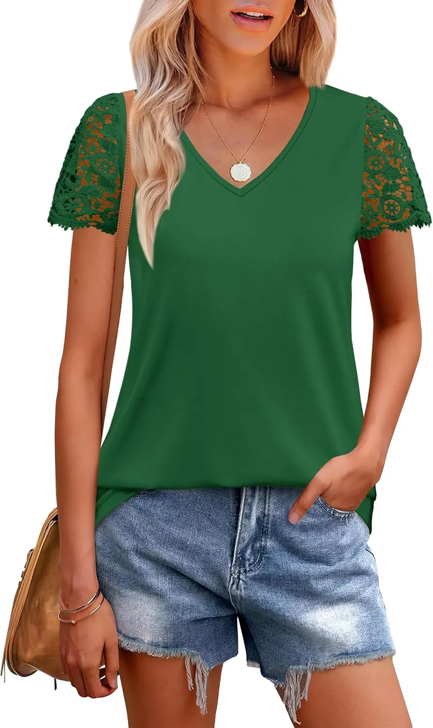 SAMPEEL Womens Tshirts Trendy Fashion Tops Lace Short Sleeve Business Tee Shirts Casual Knitted Blouses Summer Outfits 2025
