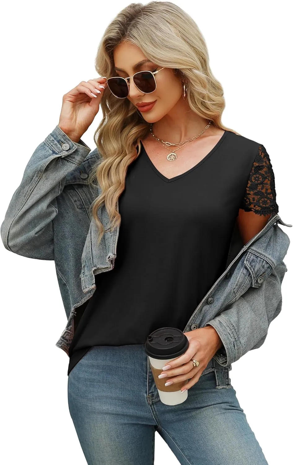 SAMPEEL Womens Tshirts Trendy Fashion Tops Lace Short Sleeve Business Tee Shirts Casual Knitted Blouses Summer Outfits 2025