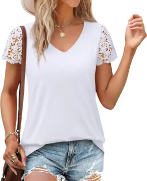 SAMPEEL Womens Tshirts Trendy Fashion Tops Lace Short Sleeve Business Tee Shirts Casual Knitted Blouses Summer Outfits 2025