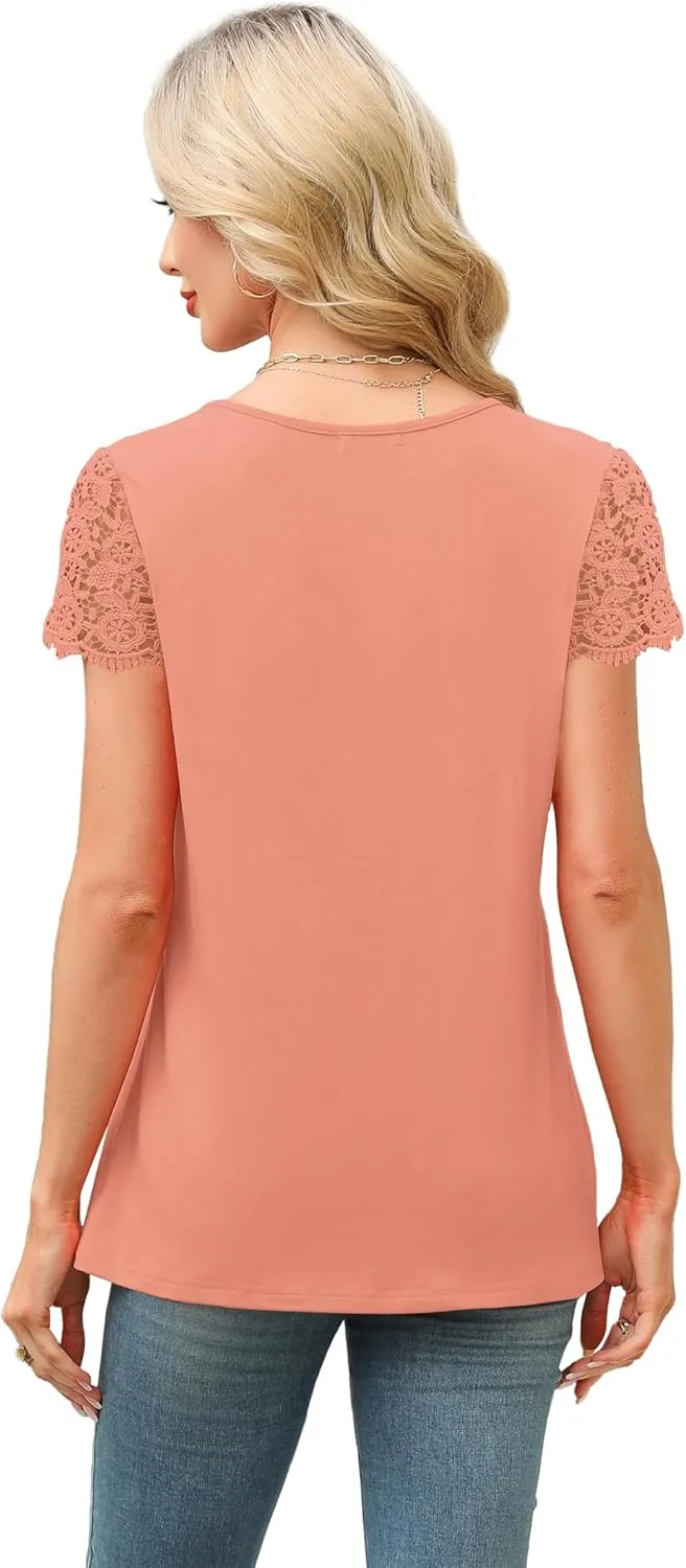 SAMPEEL Womens Tshirts Trendy Fashion Tops Lace Short Sleeve Business Tee Shirts Casual Knitted Blouses Summer Outfits 2025