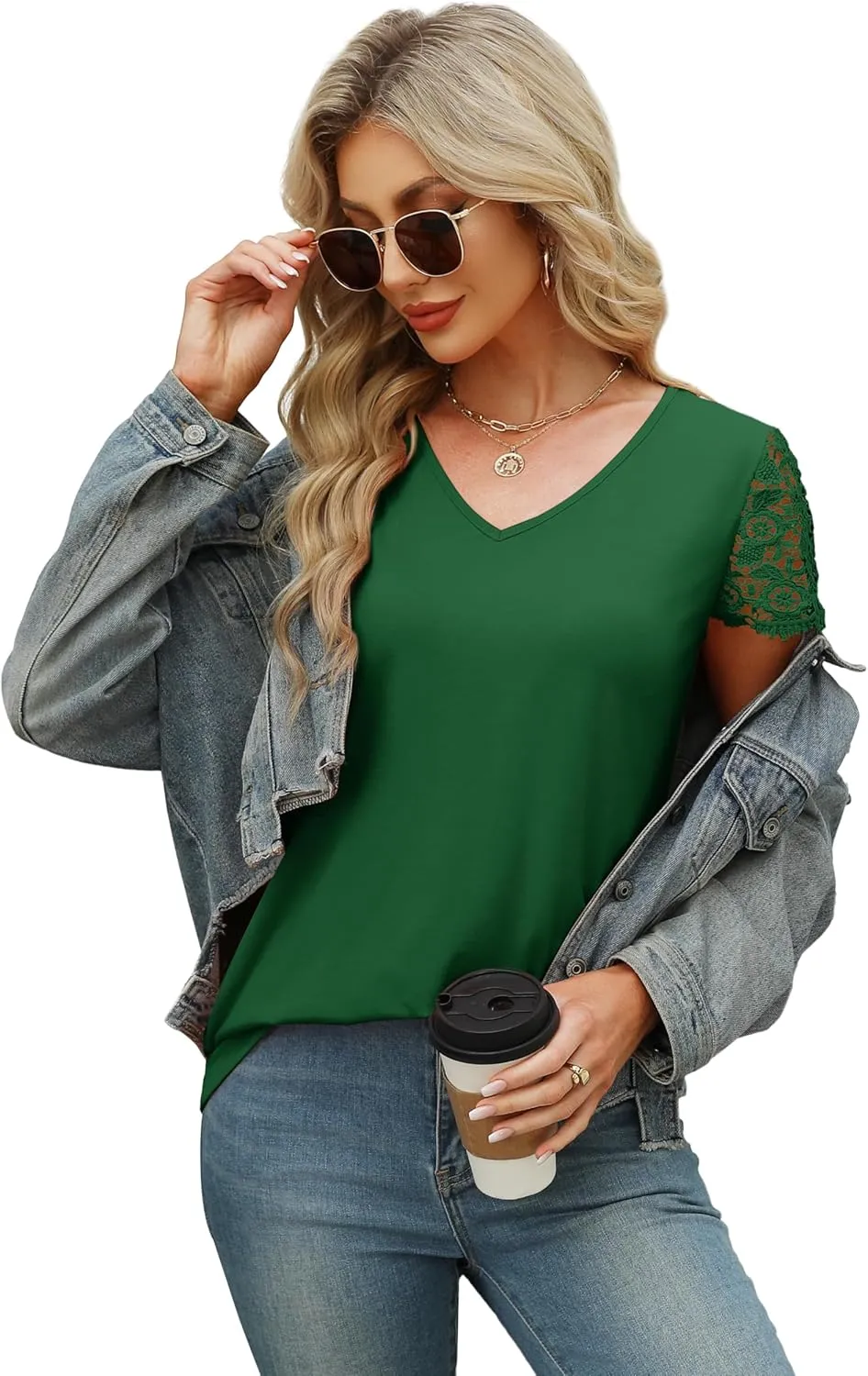SAMPEEL Womens Tshirts Trendy Fashion Tops Lace Short Sleeve Business Tee Shirts Casual Knitted Blouses Summer Outfits 2025