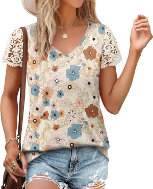 SAMPEEL Womens Tshirts Trendy Fashion Tops Lace Short Sleeve Business Tee Shirts Casual Knitted Blouses Summer Outfits 2025