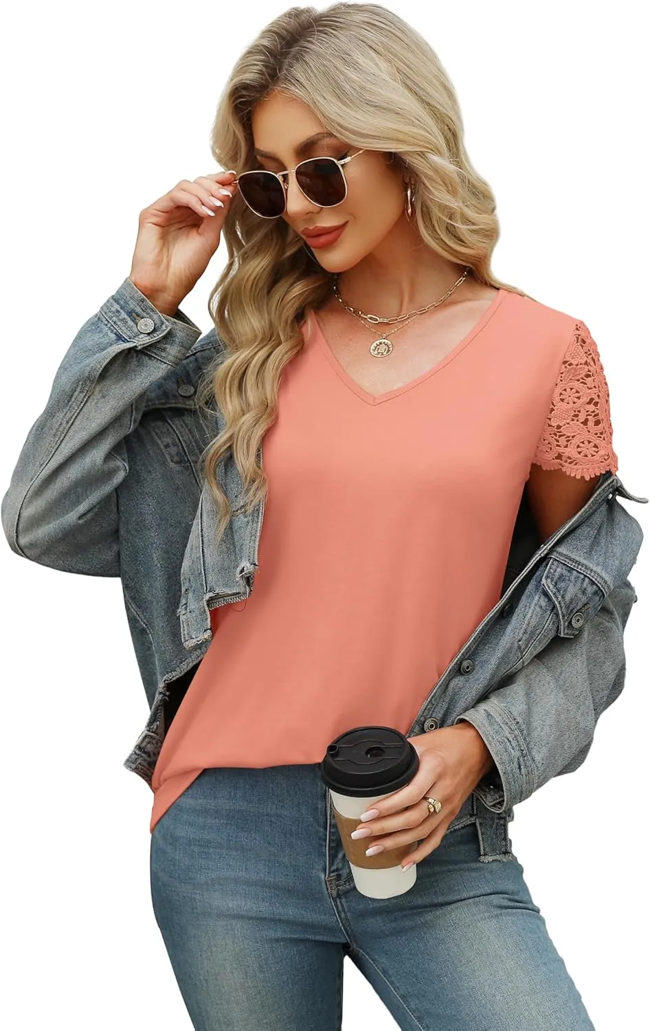 SAMPEEL Womens Tshirts Trendy Fashion Tops Lace Short Sleeve Business Tee Shirts Casual Knitted Blouses Summer Outfits 2025