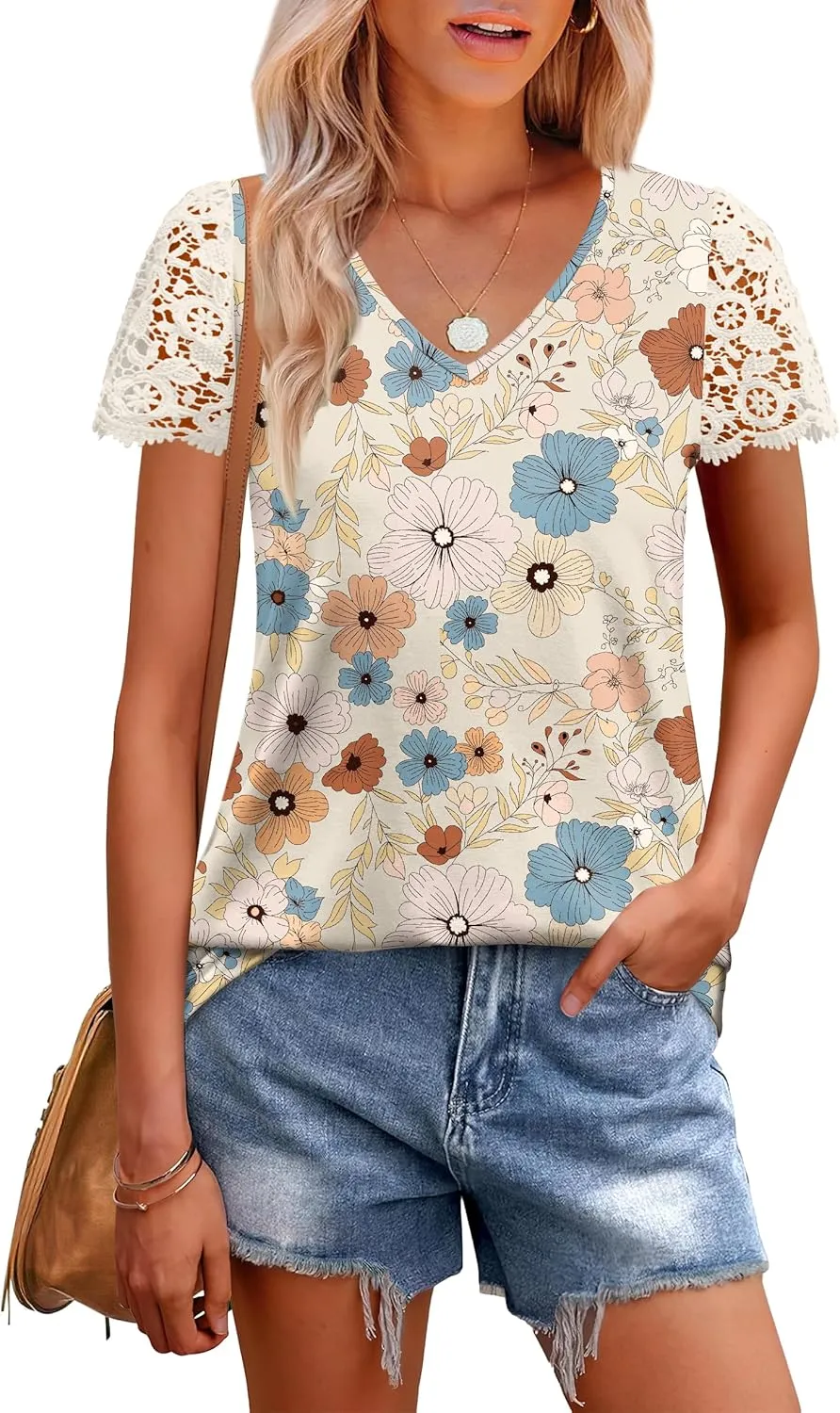 SAMPEEL Womens Tshirts Trendy Fashion Tops Lace Short Sleeve Business Tee Shirts Casual Knitted Blouses Summer Outfits 2025