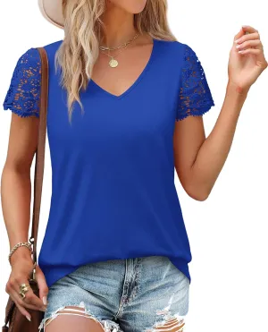 SAMPEEL Womens Tshirts Trendy Fashion Tops Lace Short Sleeve Business Tee Shirts Casual Knitted Blouses Summer Outfits 2025