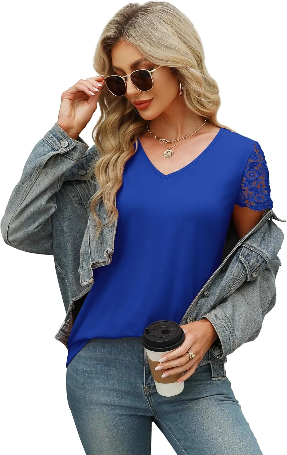 SAMPEEL Womens Tshirts Trendy Fashion Tops Lace Short Sleeve Business Tee Shirts Casual Knitted Blouses Summer Outfits 2025