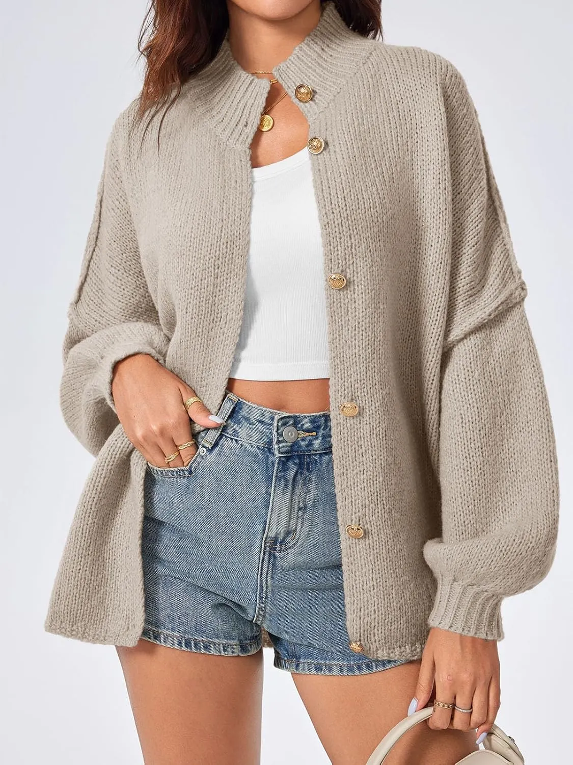 Saodimallsu Womens Oversized Cardigans Long Lantern Sleeve Button Down Chunky Knit Loose Fall Sweater Coats