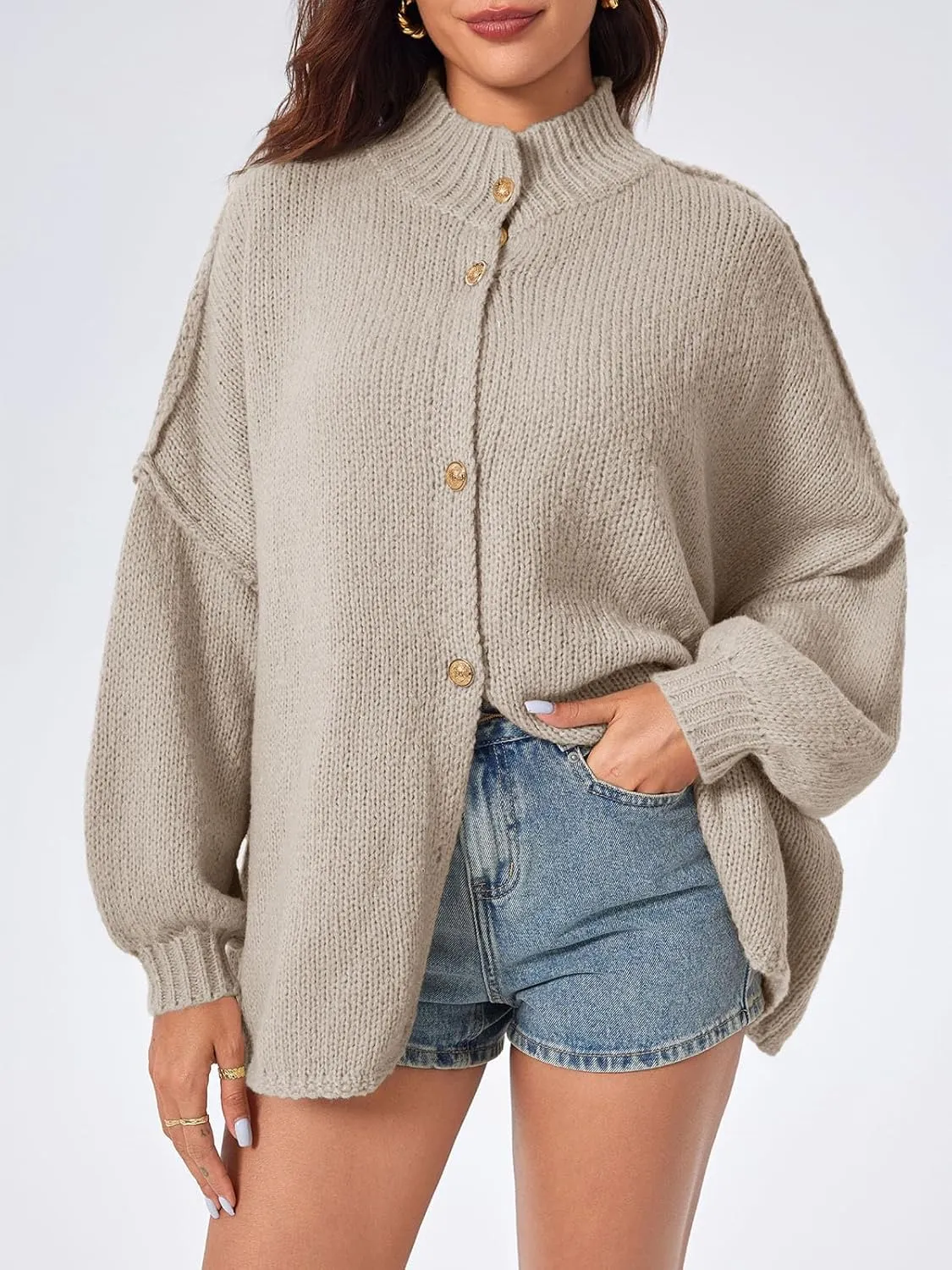 Saodimallsu Womens Oversized Cardigans Long Lantern Sleeve Button Down Chunky Knit Loose Fall Sweater Coats