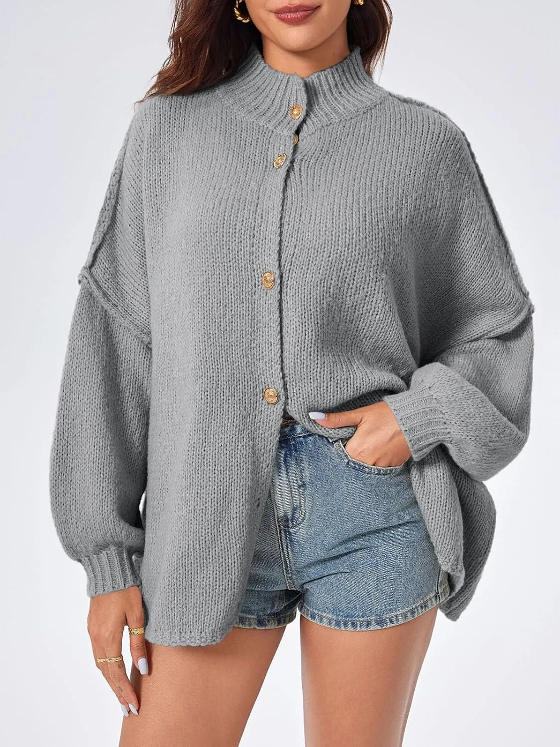 Saodimallsu Womens Oversized Cardigans Long Lantern Sleeve Button Down Chunky Knit Loose Fall Sweater Coats