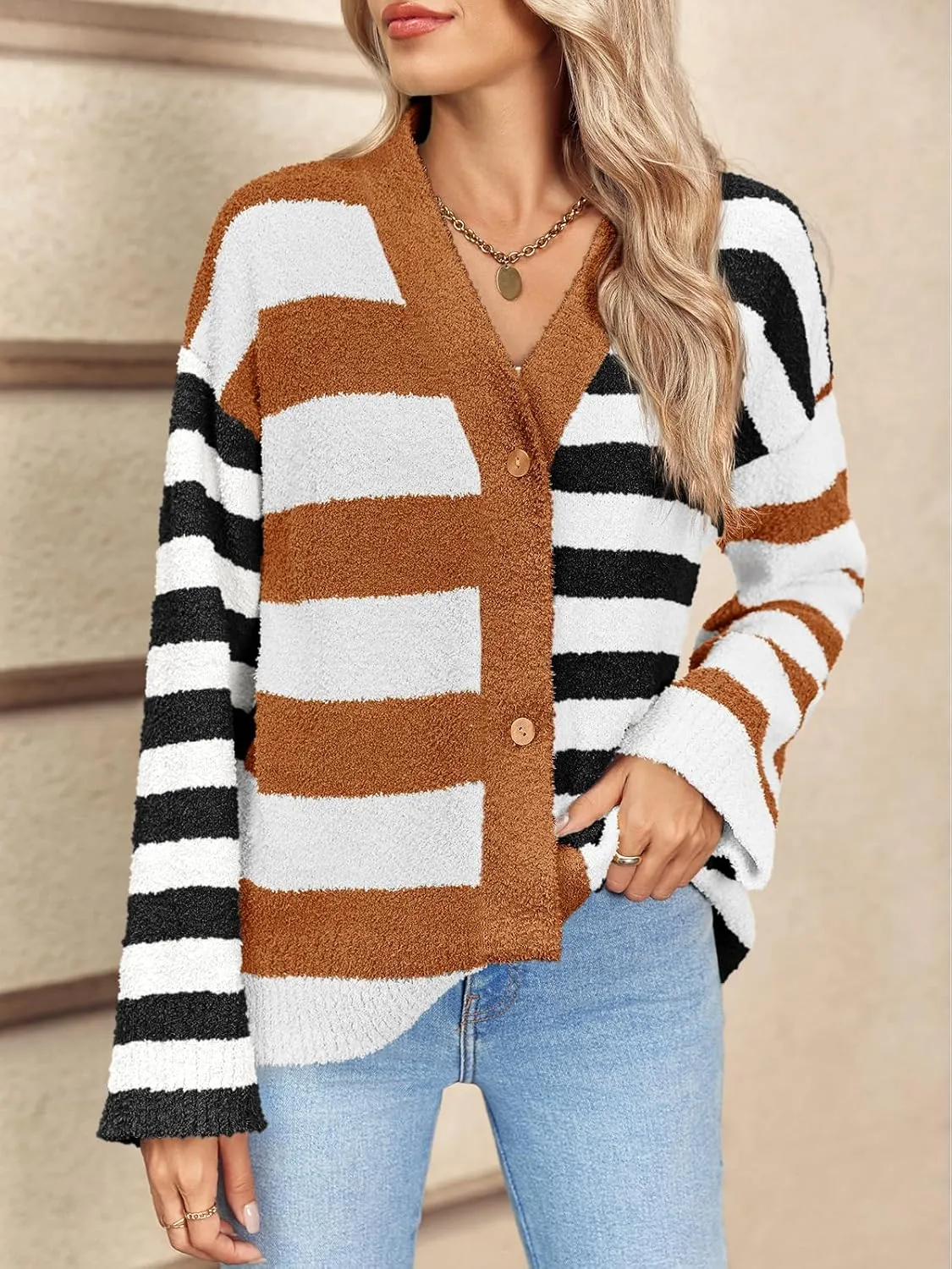 Saodimallsu Womens Striped Cardigan Sweaters V Neck Open Front Button Up Color Block Fuzzy Loose Knit Coats