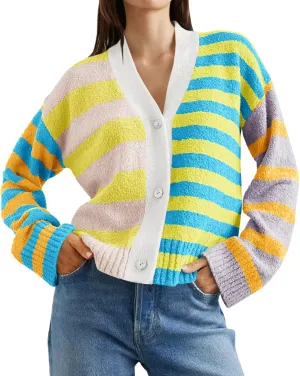 Saodimallsu Womens Striped Cardigan Sweaters V Neck Open Front Button Up Color Block Fuzzy Loose Knit Coats