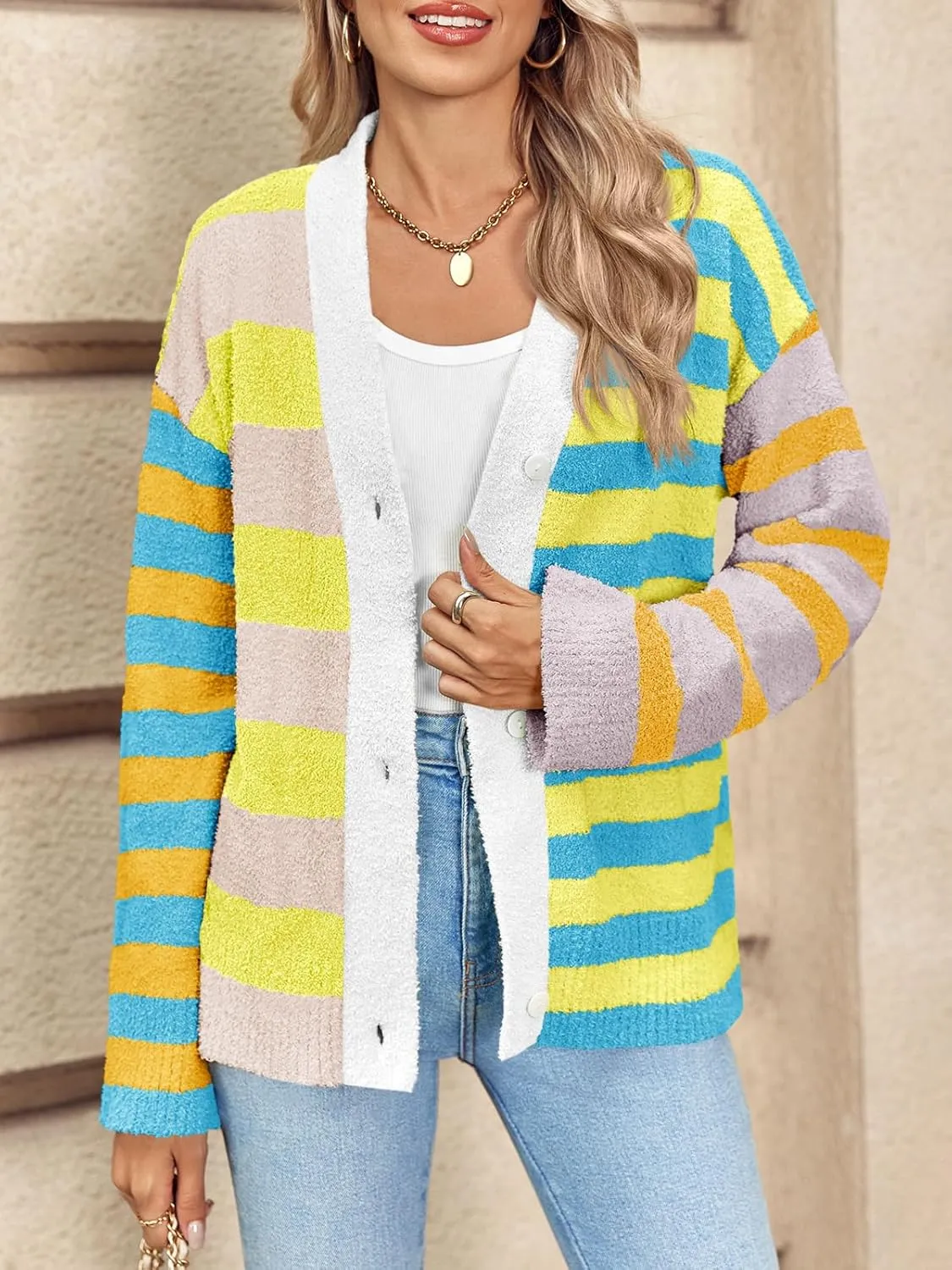 Saodimallsu Womens Striped Cardigan Sweaters V Neck Open Front Button Up Color Block Fuzzy Loose Knit Coats