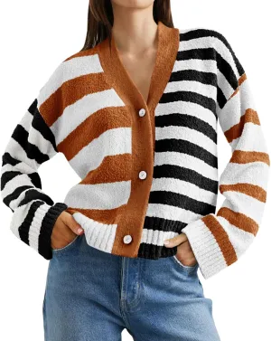 Saodimallsu Womens Striped Cardigan Sweaters V Neck Open Front Button Up Color Block Fuzzy Loose Knit Coats