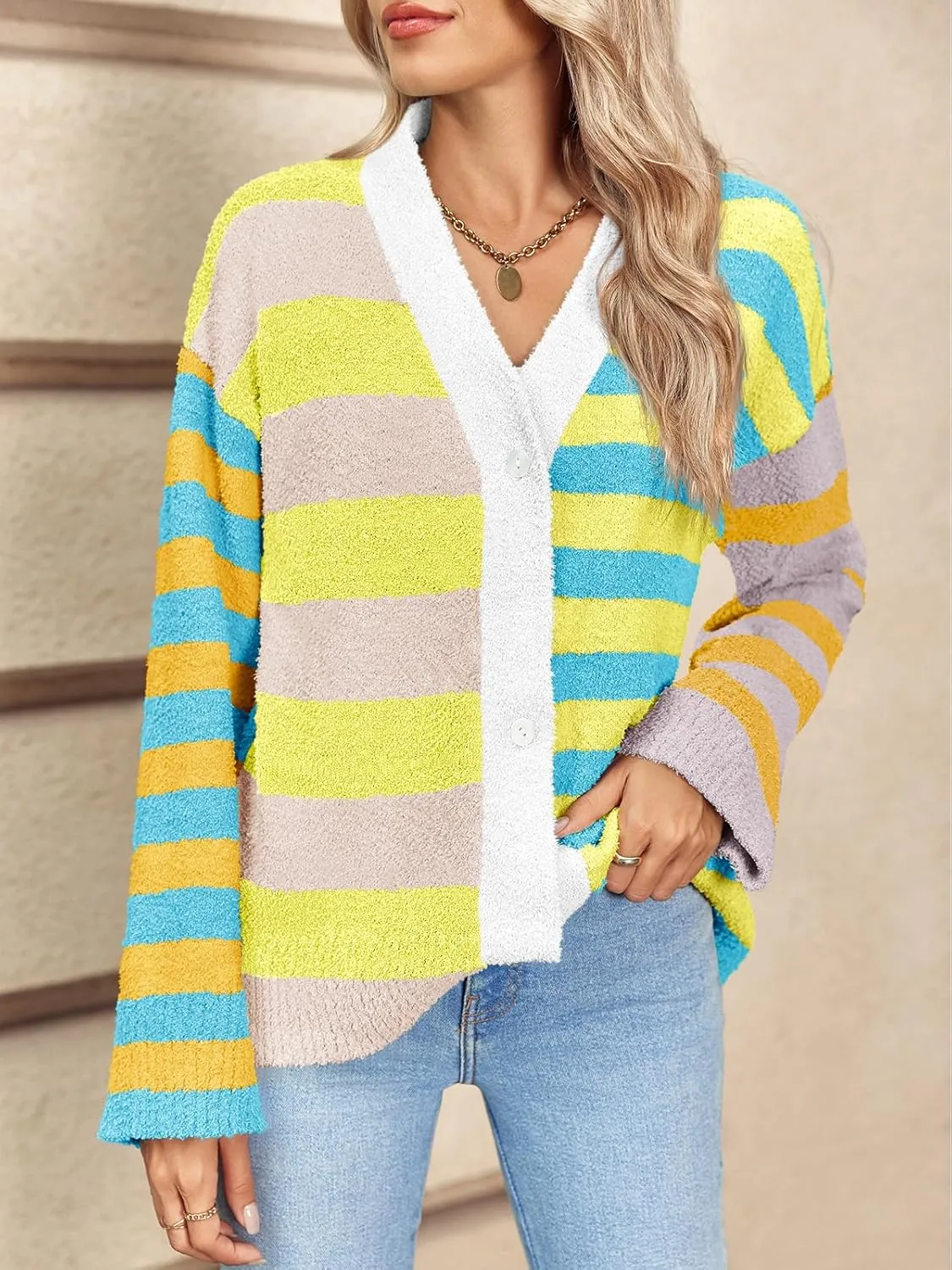 Saodimallsu Womens Striped Cardigan Sweaters V Neck Open Front Button Up Color Block Fuzzy Loose Knit Coats