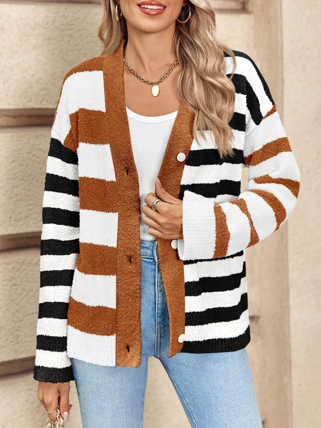 Saodimallsu Womens Striped Cardigan Sweaters V Neck Open Front Button Up Color Block Fuzzy Loose Knit Coats