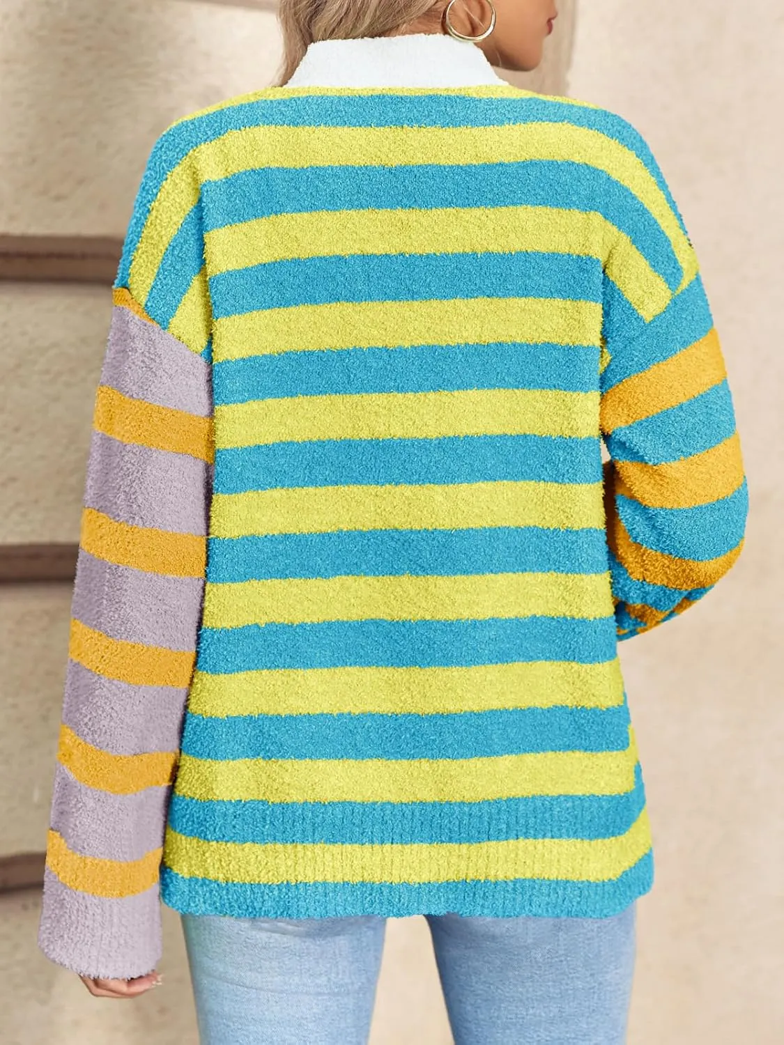 Saodimallsu Womens Striped Cardigan Sweaters V Neck Open Front Button Up Color Block Fuzzy Loose Knit Coats