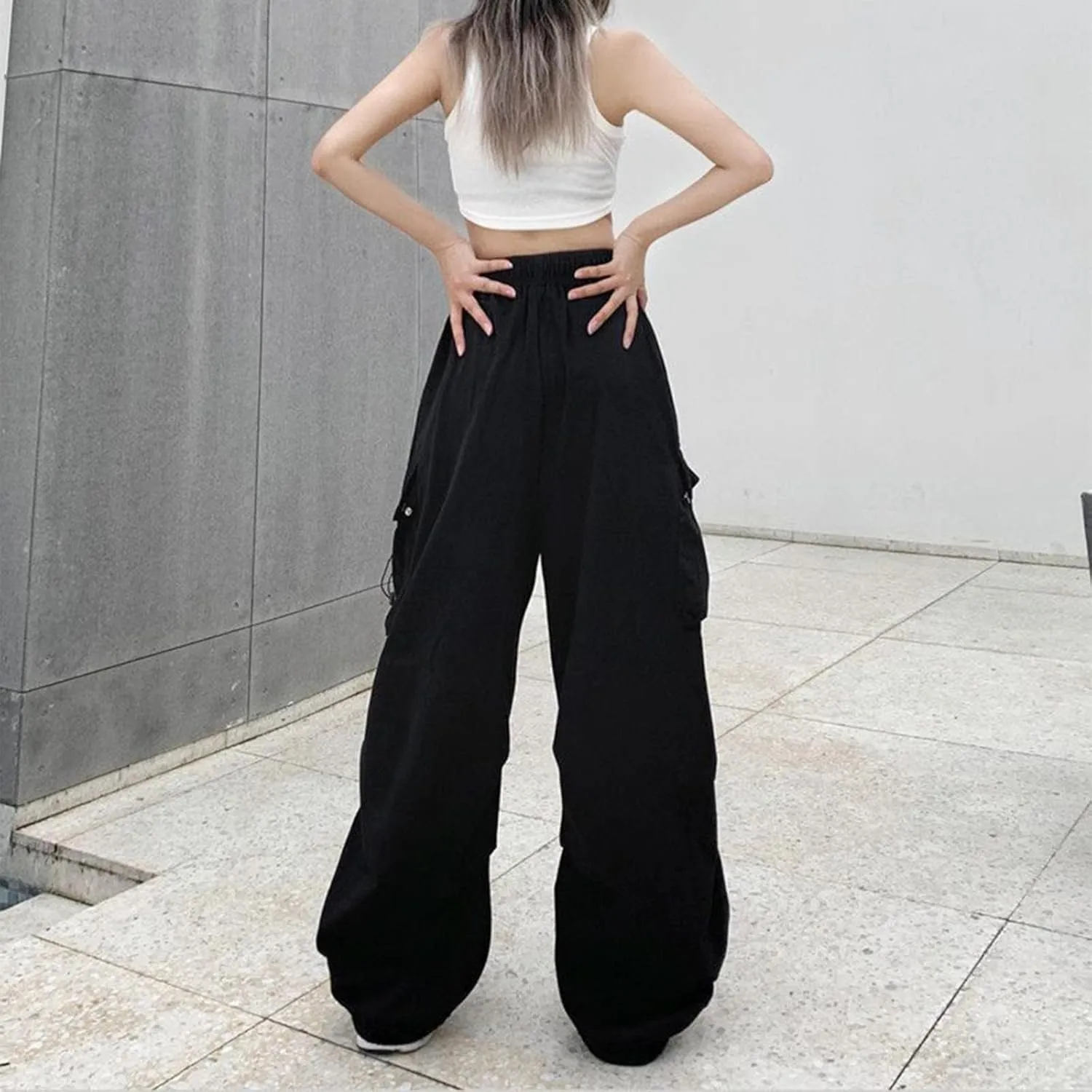 sdbrld Cargo Pants Women Adjustable Waist Multiple Pockets Relaxed Fit Straight Wide Leg Y2K Pants Trousers Y2K Fashion Jeans