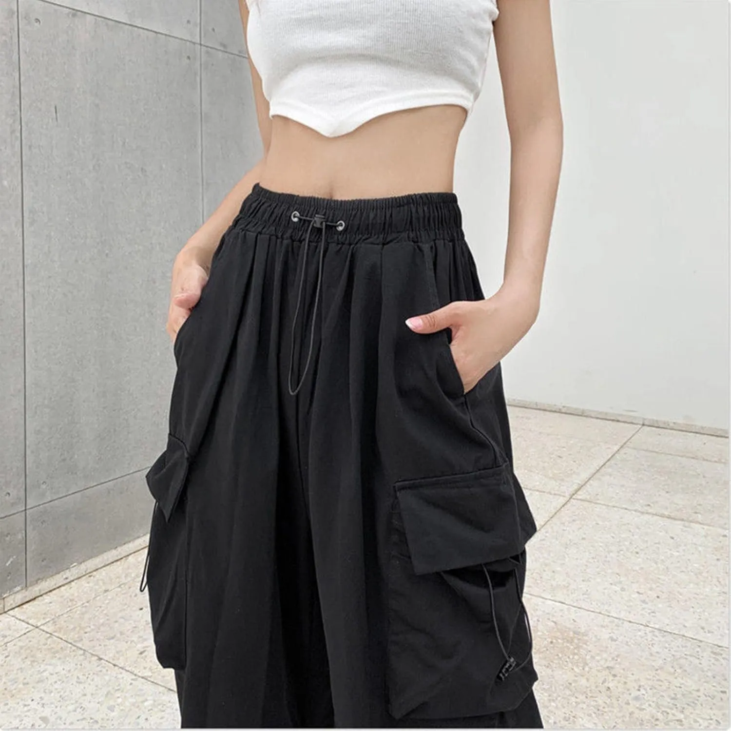 sdbrld Cargo Pants Women Adjustable Waist Multiple Pockets Relaxed Fit Straight Wide Leg Y2K Pants Trousers Y2K Fashion Jeans