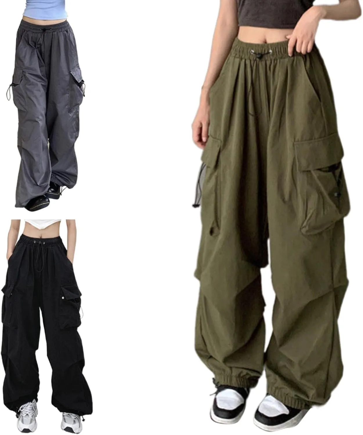 sdbrld Cargo Pants Women Adjustable Waist Multiple Pockets Relaxed Fit Straight Wide Leg Y2K Pants Trousers Y2K Fashion Jeans