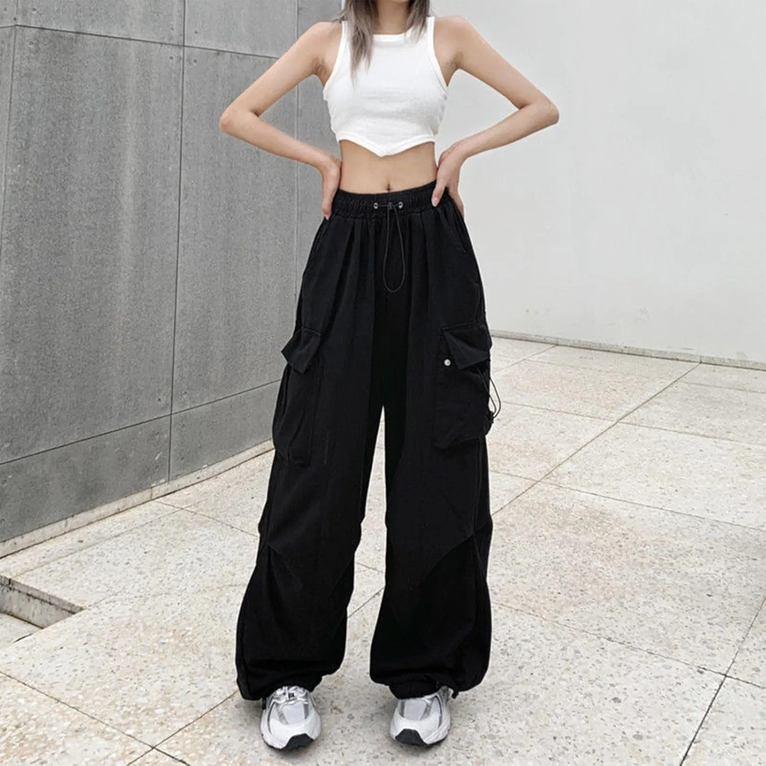sdbrld Cargo Pants Women Adjustable Waist Multiple Pockets Relaxed Fit Straight Wide Leg Y2K Pants Trousers Y2K Fashion Jeans