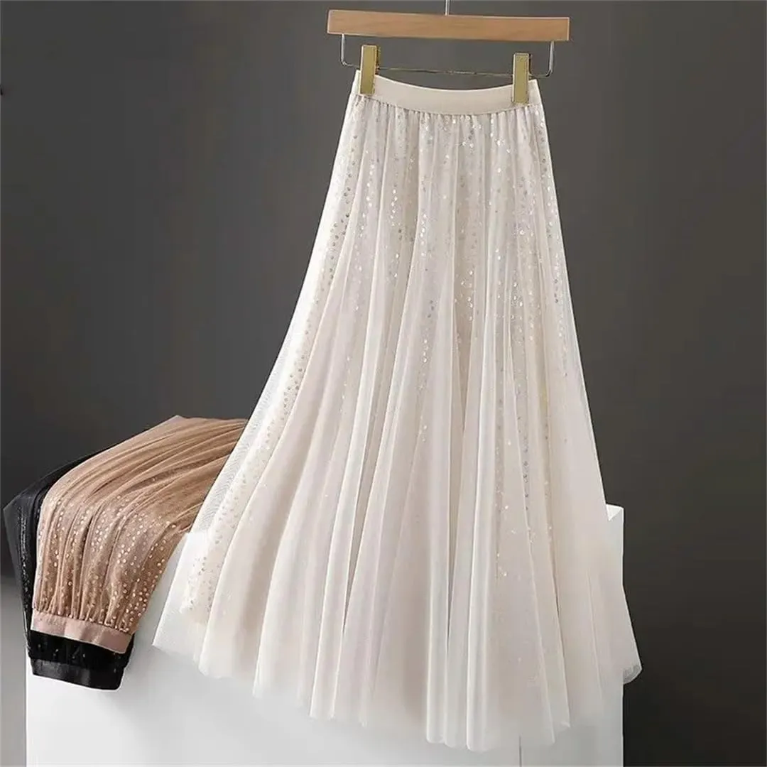 Sequined Tulle Pleated Long Skirt Women Spring Elastic Waist Fashion Elegant Mesh Skirt Large Swing Midi Skirt