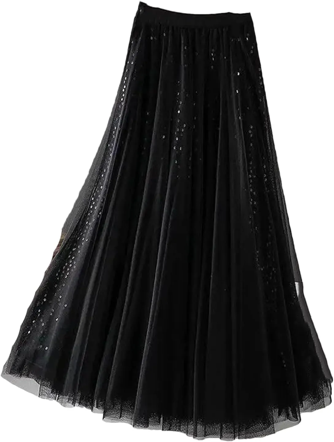 Sequined Tulle Pleated Long Skirt Women Spring Elastic Waist Fashion Elegant Mesh Skirt Large Swing Midi Skirt