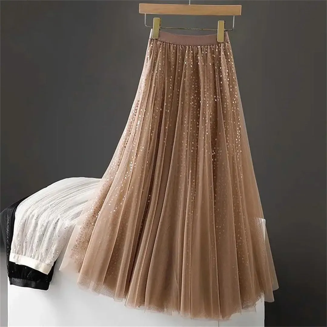 Sequined Tulle Pleated Long Skirt Women Spring Elastic Waist Fashion Elegant Mesh Skirt Large Swing Midi Skirt